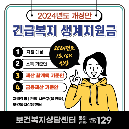 2024년도 긴급복지 생계지원금 인상 개정안.