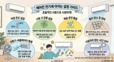 적정 온도 유지 및 강풍 설정 등 에어컨 전기세 아끼는 6가지 방법 요약 가이드