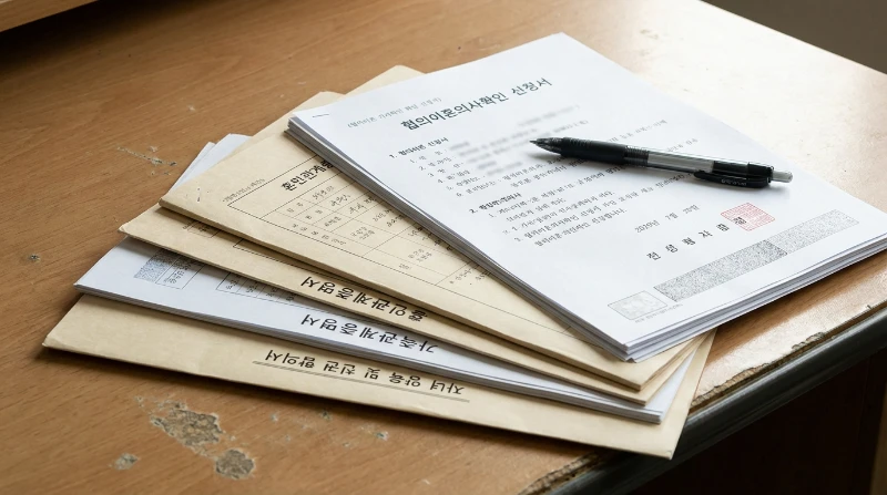 협의이혼의사확인 신청서, 혼인관계증명서, 가족관계증명서 등 핵심 협의이혼 서류들이 쌓여있는 모습.