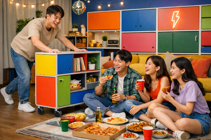 가구 배치를 자유롭게 바꾸어 여가 공간을 확보하는 모습.