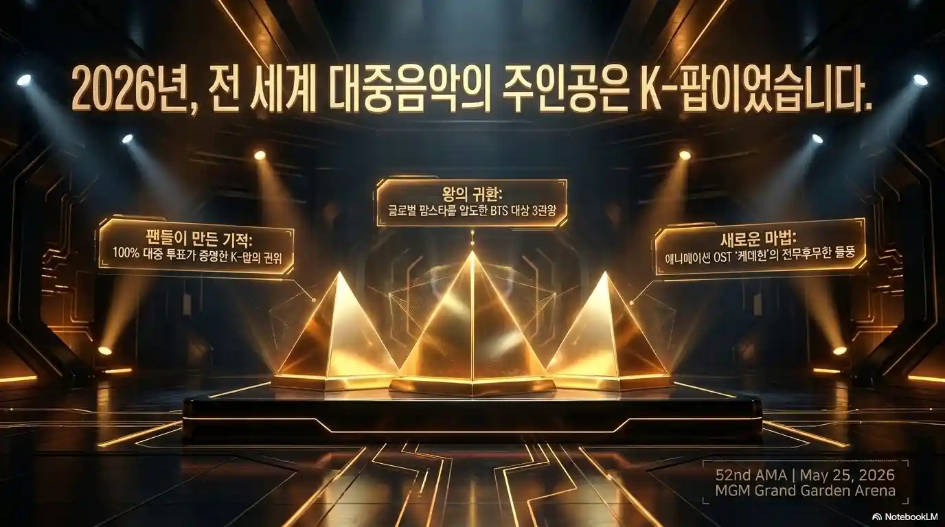 2026 제52회 AMA K-팝 3대 핵심 주제 인포그래픽 - BTS 3관왕 팬 투표 케데헌 OST 라스베이거스 시상식