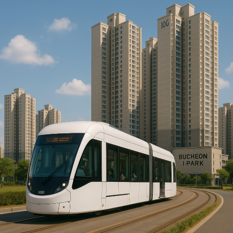 부천 트램과 부천아이파크 아파트의 이미지