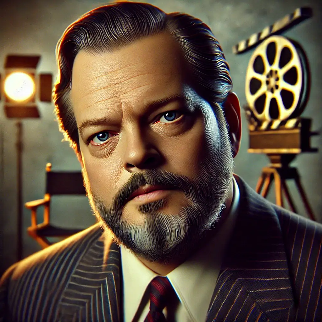 조지 오슨 웰스 감독의 사진, 머리는 깔끔하게 뒤로 넘겼으며 콧수염과 턱수염이 매력적이다 뒷배경은 영화 필름과 조명이 있다.