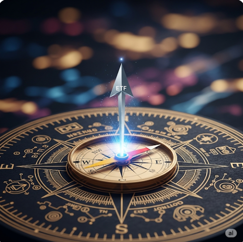 나침반이 ETF 화살표 방향을 안내하는 추상적인 이미지. 퇴직연금 ETF 운용의 독점 전략을 시각적으로 표현
