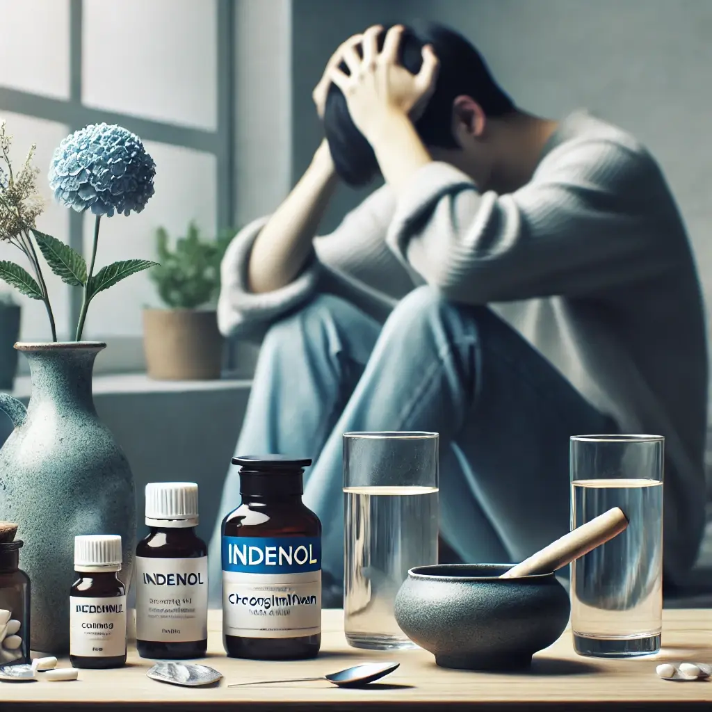 불안으로 머리를 감싸쥔 사람이 인데놀, 청심환, 물, 허브차가 놓인 책상 옆에 앉아 있는 모습