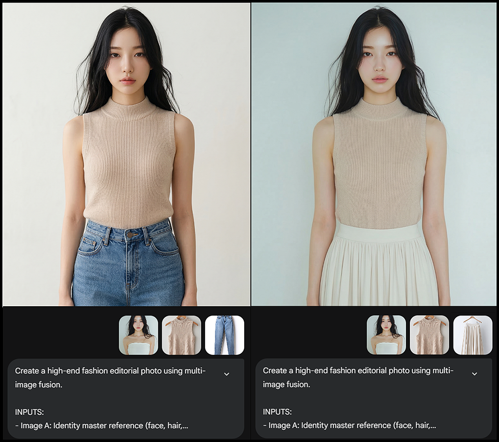 기준 모델을 유지한 상태에서 상&middot;하의를 결합해 생성한 기본 착장 컷_Nano Banana