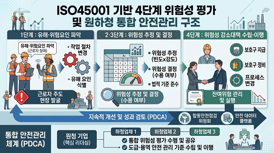 ISO45001 기반 4단계 위험성평가 절차와 원청·하청 통합 안전관리 체계 인포그래픽. 1단계 유해위험요인 파악, 2·3단계 위험성 추정 및 결정, 4단계 위험성 감소대책 수립·이행 및 PDCA 지속개선 구조를 보여준다.