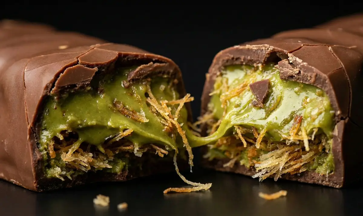 반으로 갈라진 두바이 초콜릿 단면, 초록색 피스타치오 크림과 바삭한 카다이프면이 가득 차 있는 모습