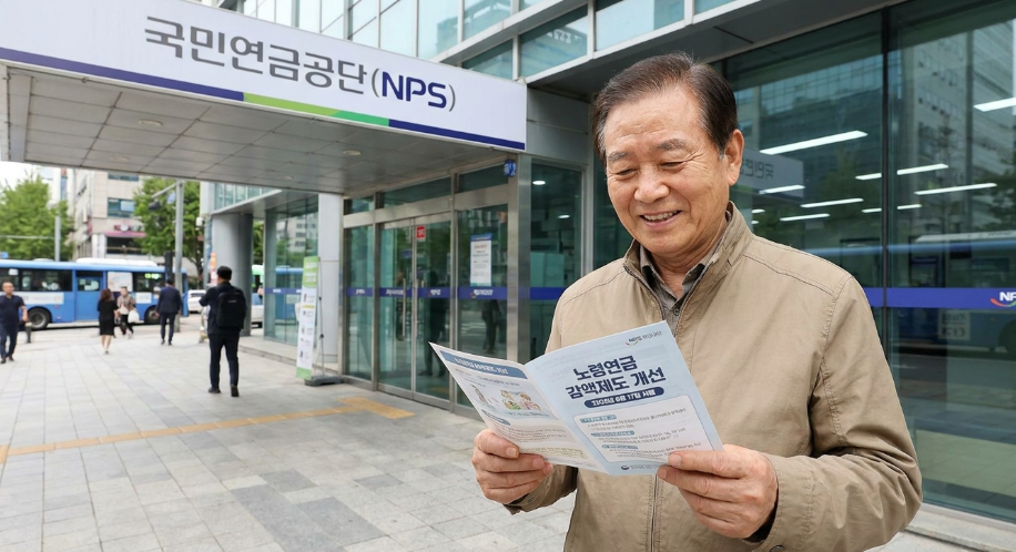 국민연금공단 지사 앞에서 미소를 지으며 안내 책자를 보는 노인