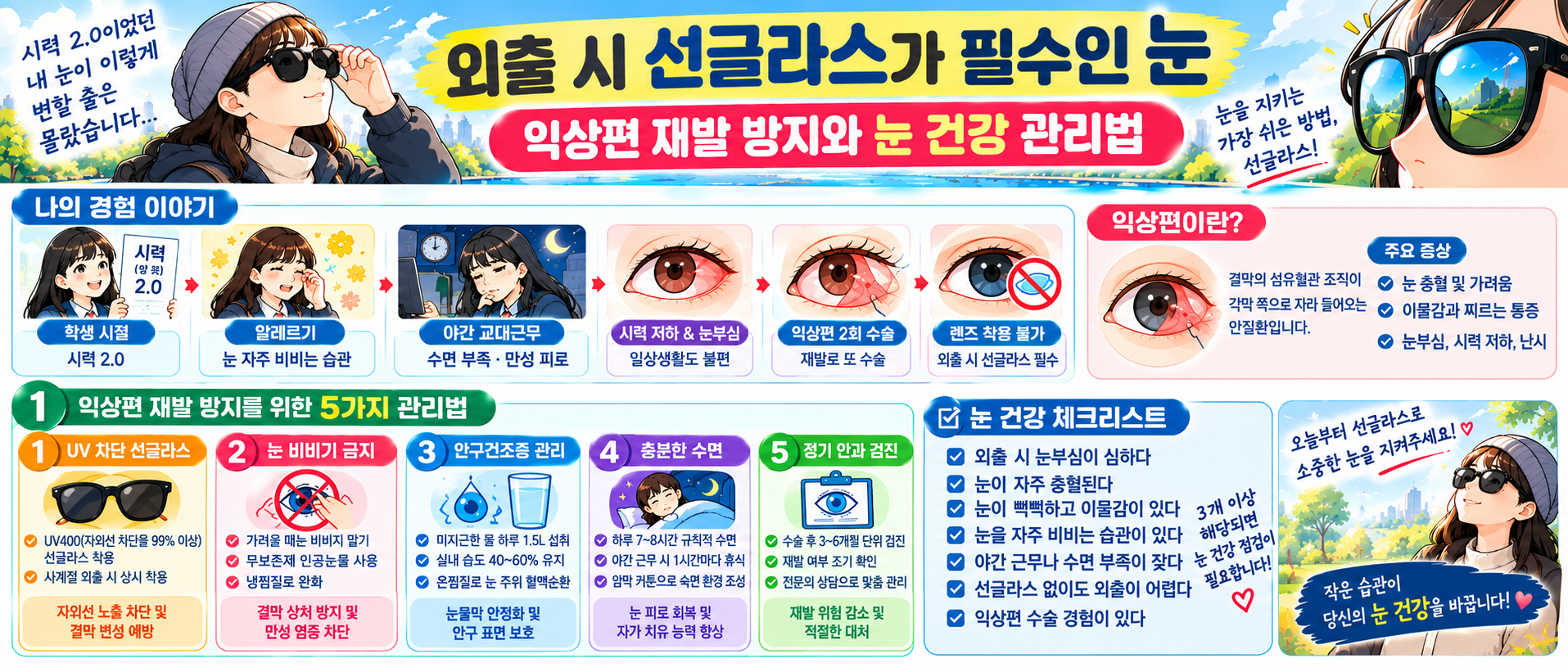 익상편 재발 방지와 눈 건강 관리법 및 선글라스 착용 효과 요약 인포그래픽