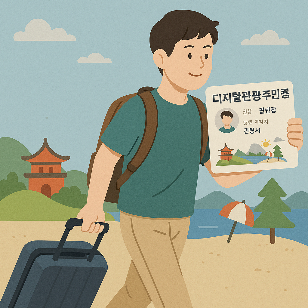 디지털 관광주민증을 들고 여행을 떠나는 남성 관광객