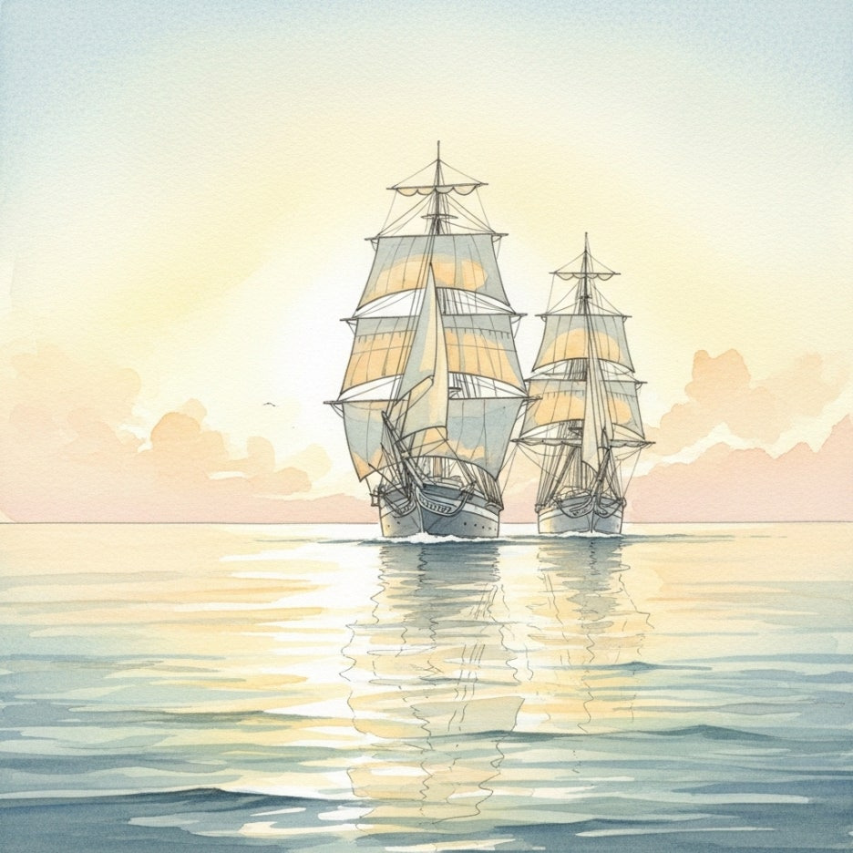 바다 위에서 나란히 멈춰 선 두 척의 배