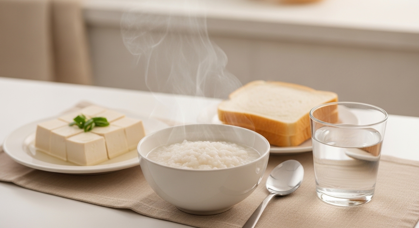 대장내시경 전 먹을 수 있는 흰죽, 두부, 흰 식빵, 맑은 물이 놓여 있는 모습