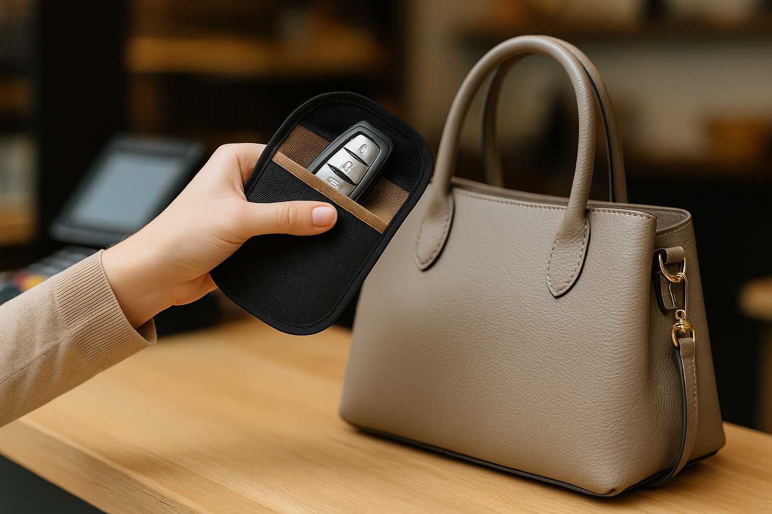 결제대에서 가방에 넣는 소형 전파차단 파우치와 자동차 키