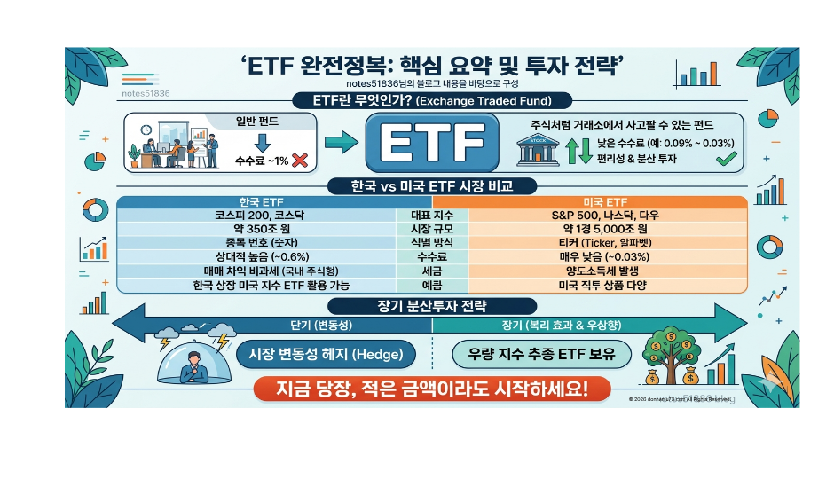 ETF의 정의와 한국 및 미국 ETF 시장을 비교한 교육용 인포그래픽. 일반 펀드와 ETF의 수수료 차이(1% vs 0.03%), 한국과 미국의 시장 규모 및 세금 체계 비교 표, 그리고 단기 변동성 헤지와 장기 우량 지수 추종을 포함한 장기 분산투자 전략을 시각적으로 설명하는 이미지입니다.