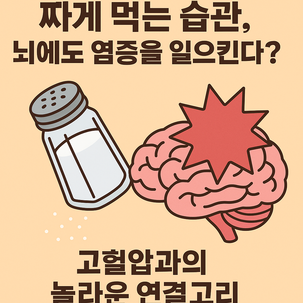 짜게 먹는 습관이 뇌 염증과 고혈압으로 이어질 수 있음을 경고하는 썸네일 이미지, 소금통과 뇌 그림 포함