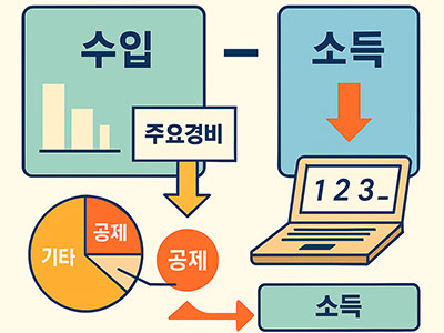 기준경비율 계산법: 수입에서 주요경비와 기타공제 빼고 소득을 계산하는 그래픽 흐름도