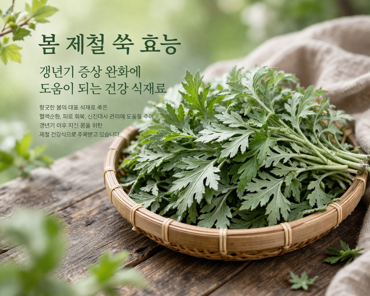 바구니에 담긴 신선한 봄 쑥 이미지, 갱년기 건강과 피로 회복에 도움되는 제철 식재료