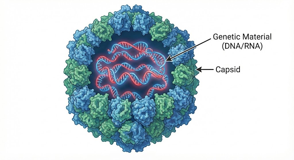 유전 물질을 보호하는 캡시드 단면