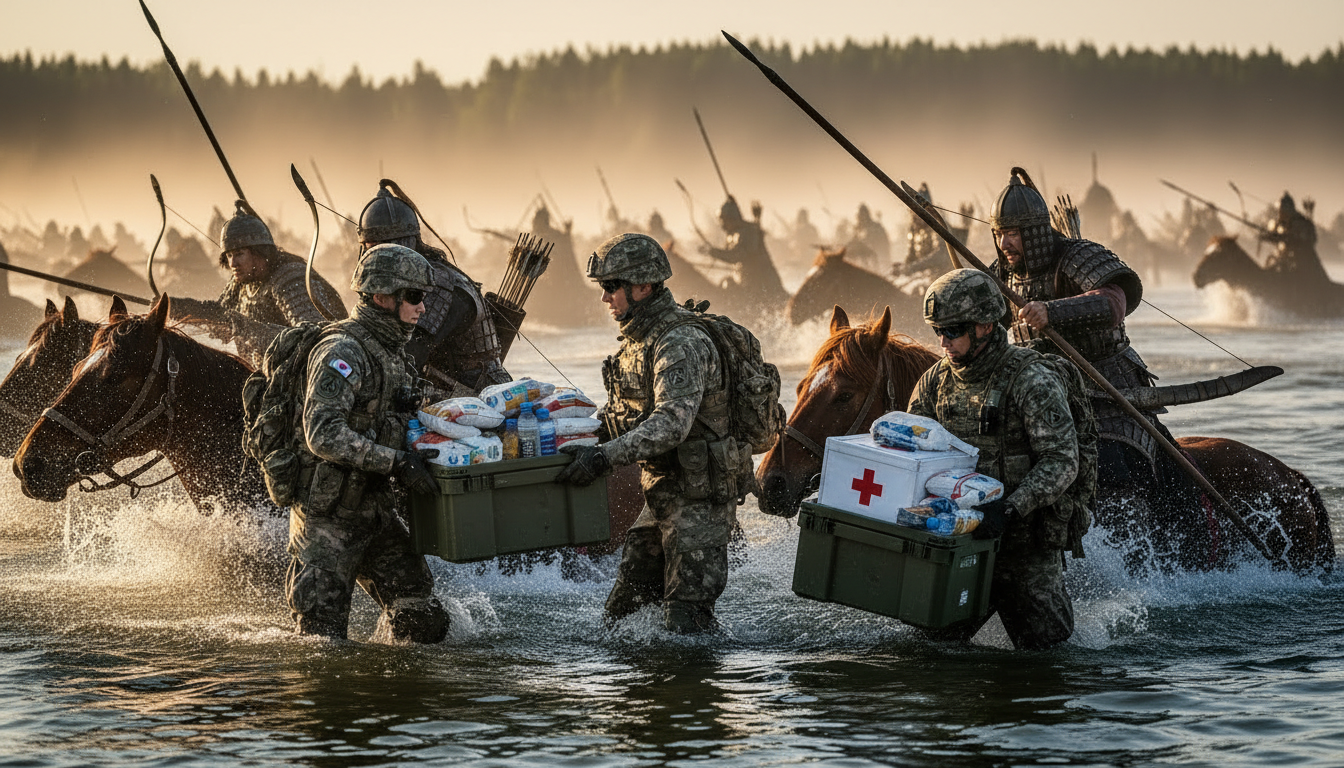 현대식군인이 조선병사에게 구호물품주는 장면