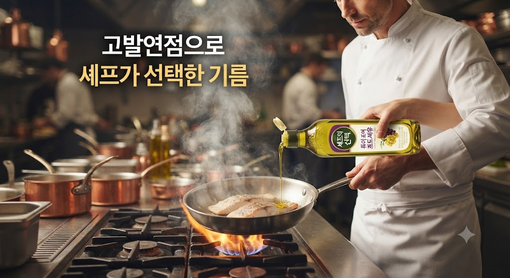 전문 주방에서의 포도씨유 활용을 보여줍니다. 분주한 미슐랭 레스토랑 주방, 흰색 조리복을 입은 수석 셰프가 뜨겁게 달궈진 프라이팬에 생선 살을 올리며 소테(sauté) 요리를 하고 있습니다. 팬 위로 재료가 타지 않고 빠르게 익으며 맛있는 갈색 크러스트가 생기고 있고, 셰프의 손에는 포도씨유 병이 들려 있습니다.