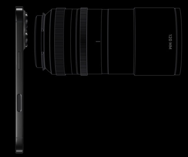 iPhone 17에 사용된 120mm 망원렌즈 기술의 스케치와 디테일한 도식이 포함된 그림
