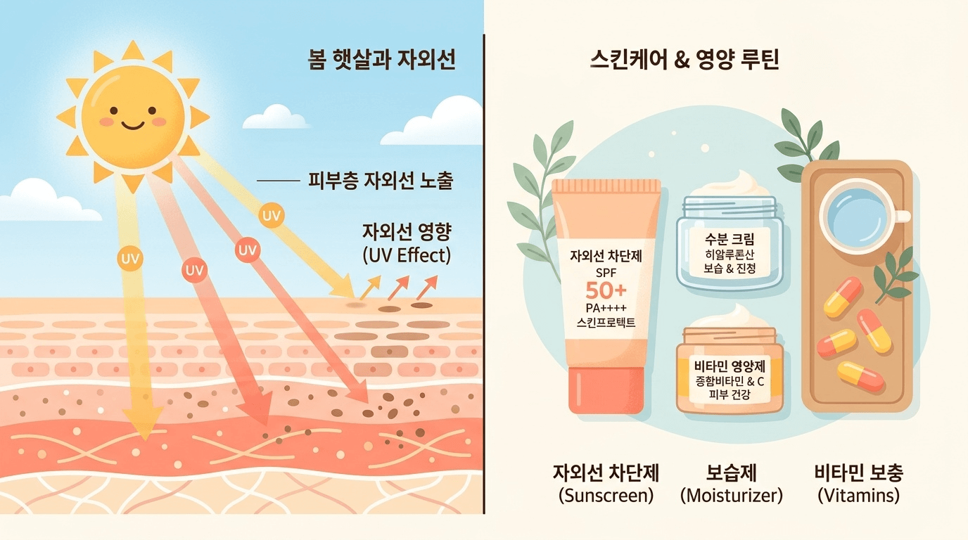 봄볕 자외선 차단과 항산화 영양 루틴 일러스트