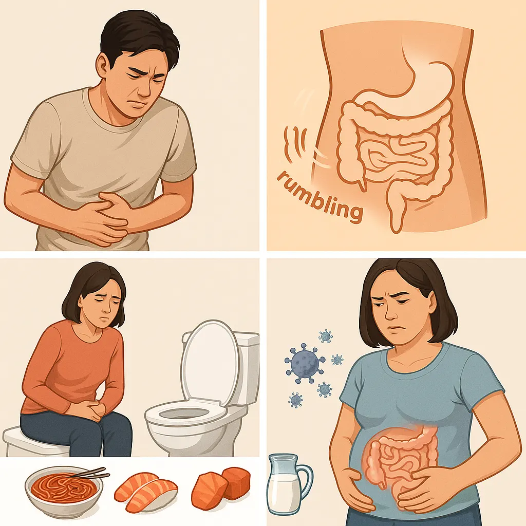 복통을 느끼는 사람 일러스트, 배에서 소리가 나는 모습(복명 표현), 설사와 복부 팽만감을 겪는 장면. 바이러스 감염을 암시하는 일러스트와 배탈 관련 음식