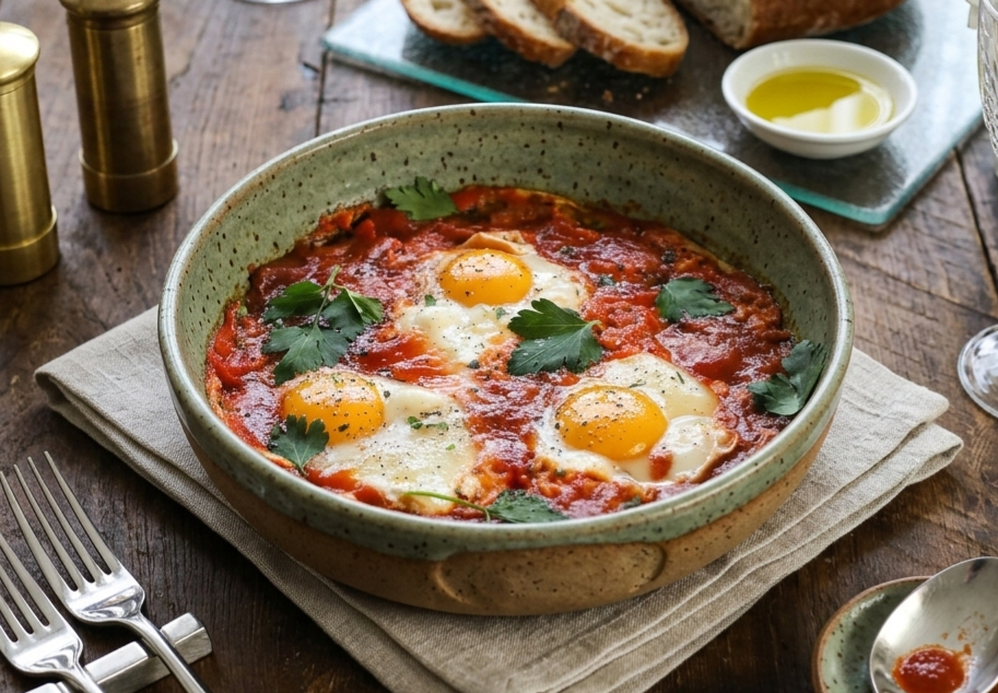 세라믹 그릇에 요리된 에그인헬과 호밀빵, 감성적인 우드 테이블 위 홈메이드 브런치 세팅