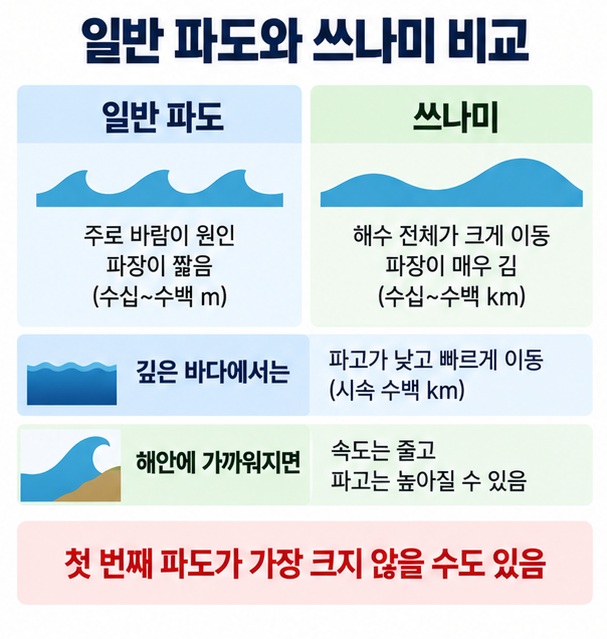 일반 파도와 쓰나미의 원인, 파장, 속도, 해안에서의 파고 변화를 비교한 이미지