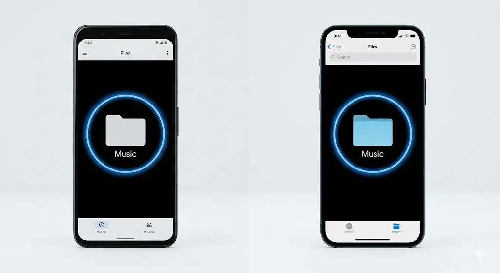 갤럭시와 아이폰의 파일 관리 앱에서 돌비 온 녹음 파일 저장 위치를 설명하는 교육용 그래픽
