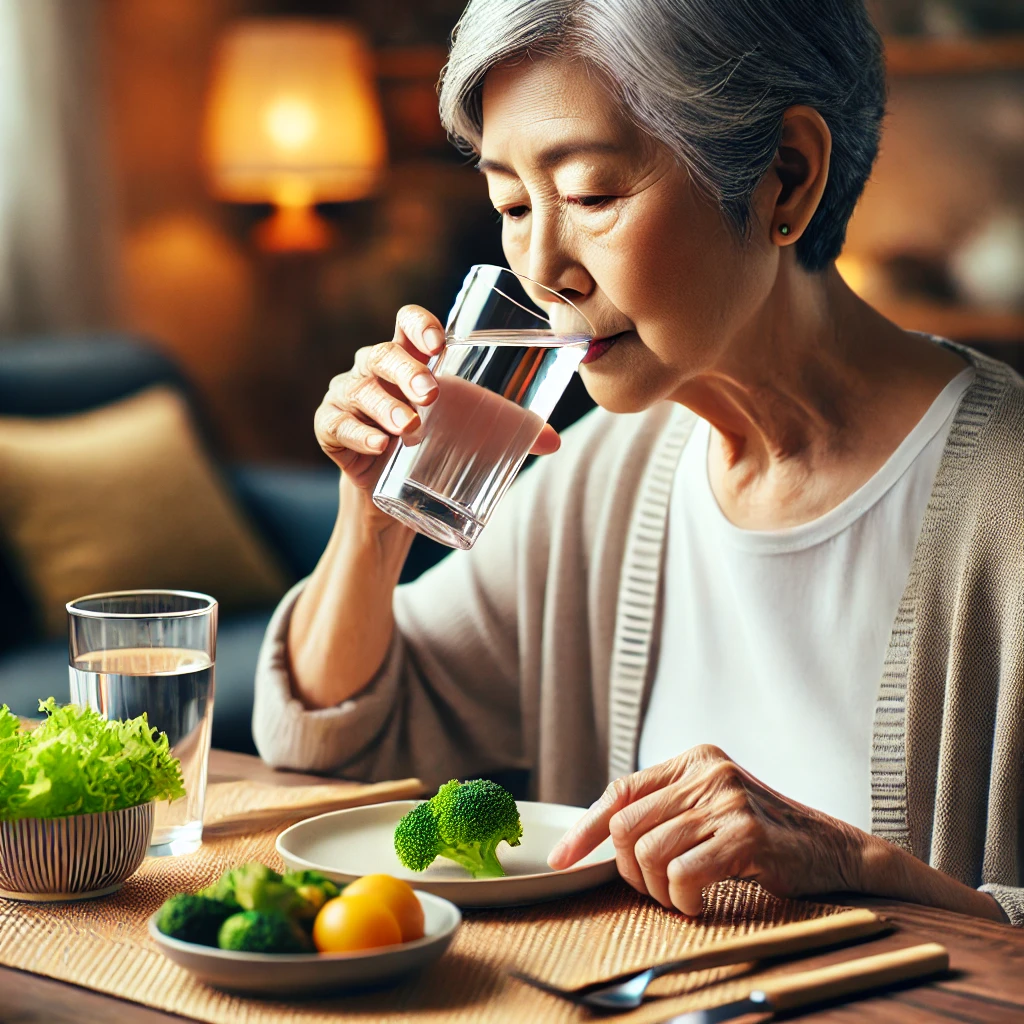 물 한 컵을 들고 식사를 준비