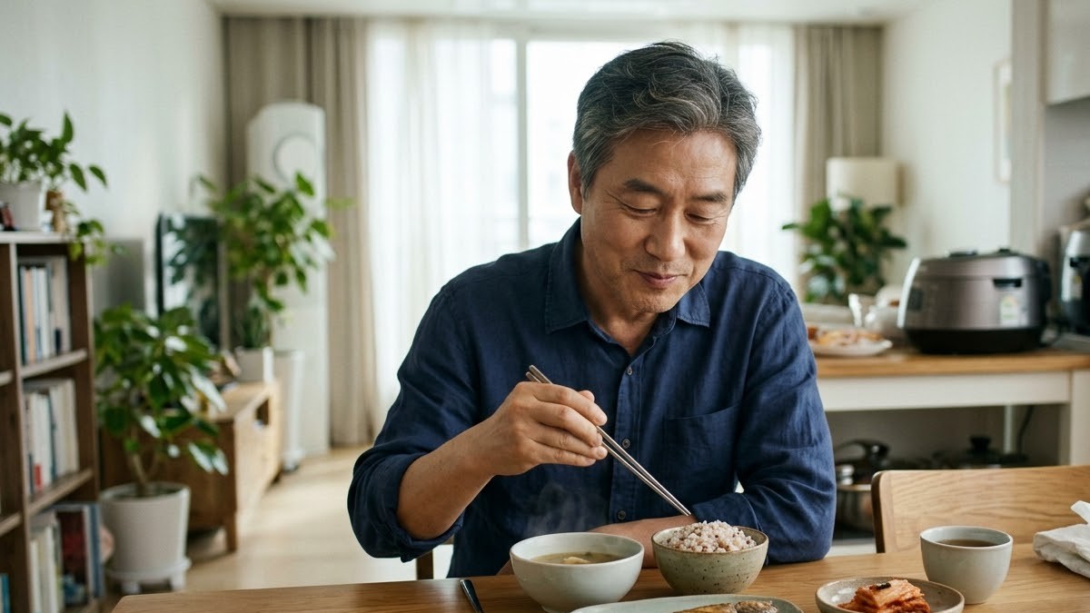 집 식탁에서 천천히 꼭꼭 씹으며 식사하는 50대 남성