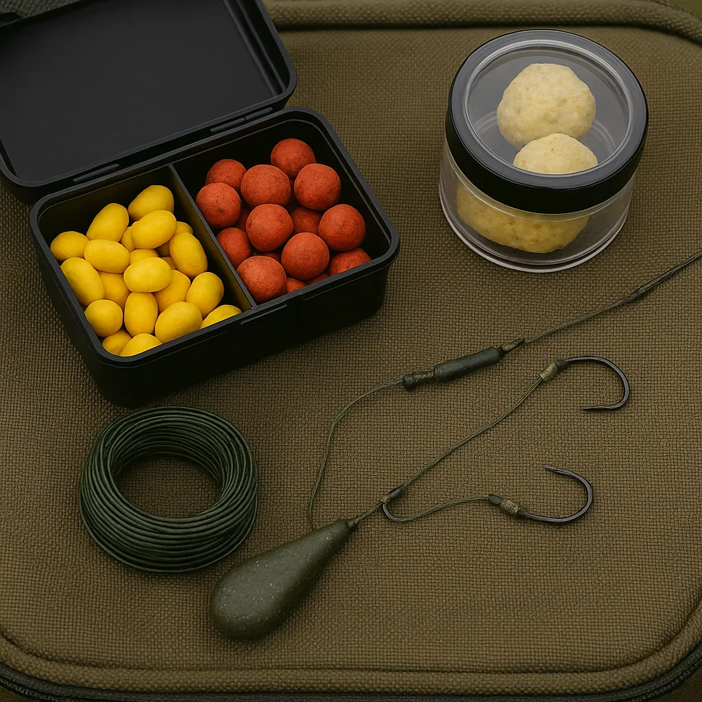 쌍바늘 채비와 글루텐 미끼가 놓인 낚시 도구 구성