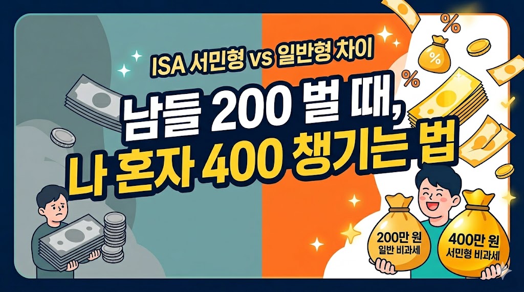 ISA 일반형과 서민형의 비과세 한도 차이를 비교하는 이미지. '남들 200 벌 때, 나 혼자 400 챙기는 법'이라는 문구와 함께 울상인 일반형 가입자와 웃고 있는 서민형 가입자의 캐릭터가 있습니다.