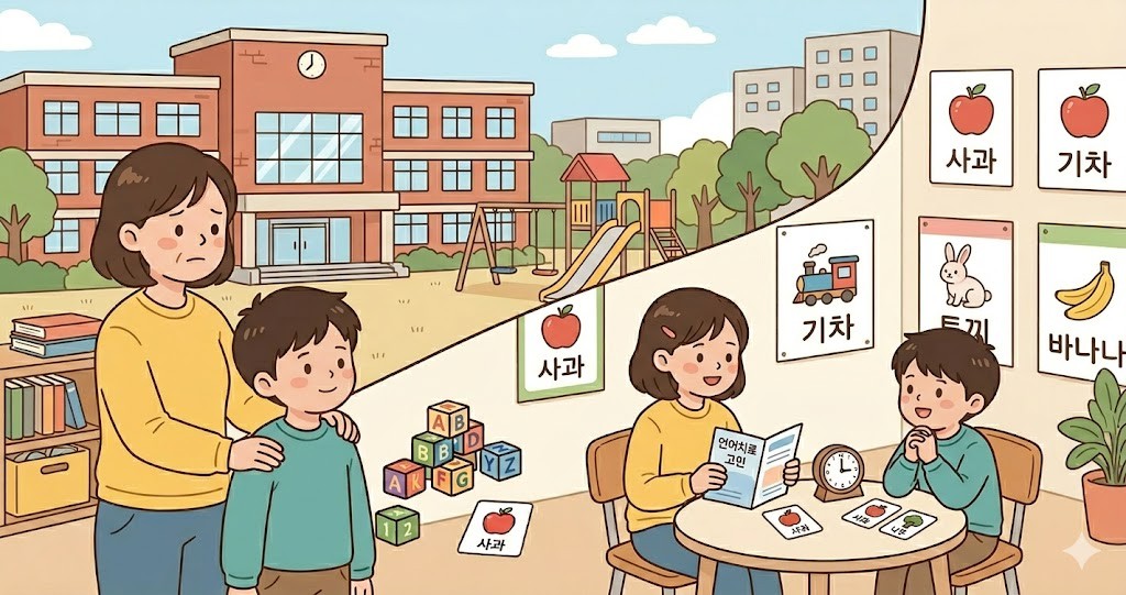 초등학교 입학 전 언어치료와 또래관계 및 학교적응 상황을 표현한 일러스트 이미지