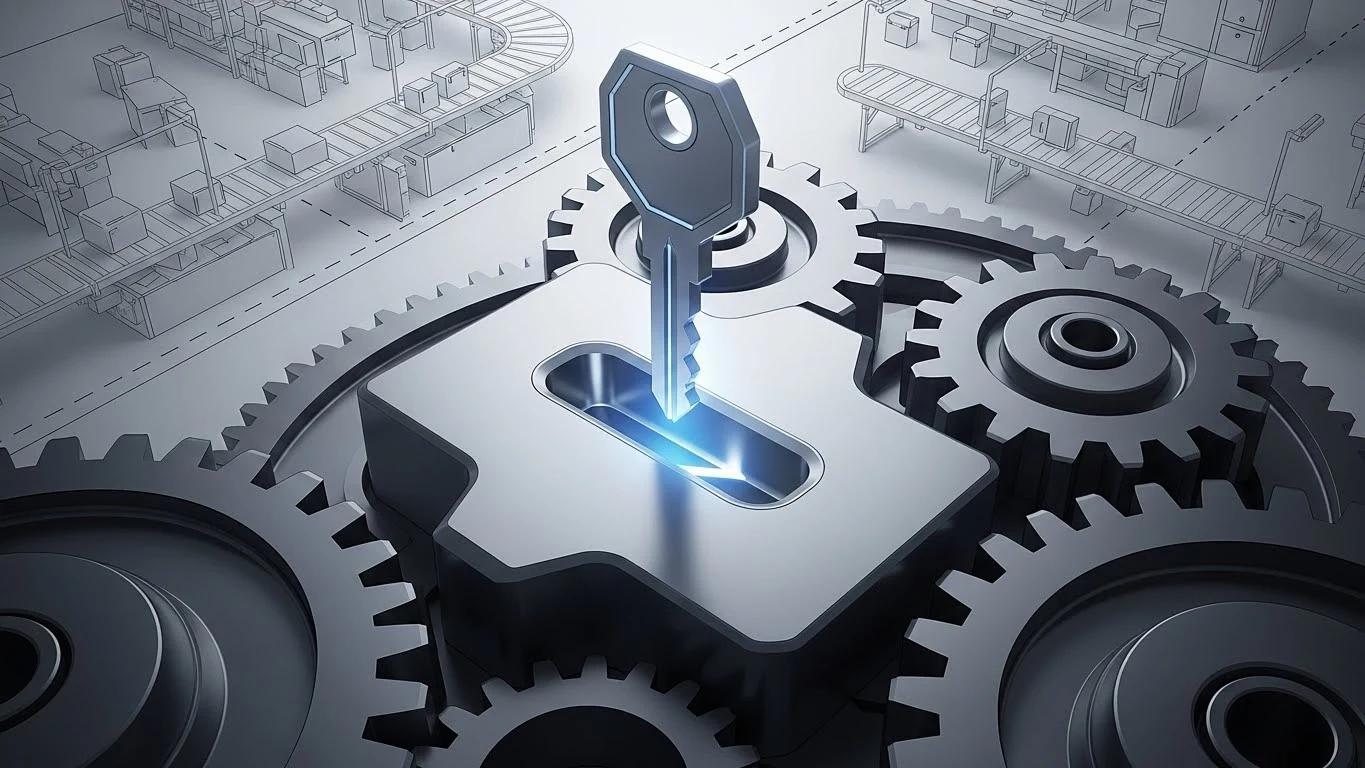 작업장의 맞물린 기어 시스템에 유일하게 맞는 열쇠가 삽입되는 모습으로, 인간공학적 실수 방지 설계(포카요케) 원리를 상징적으로 표현한 이미지.