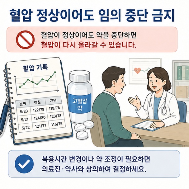혈압이 정상으로 측정돼도 고혈압 약을 임의로 중단하거나 복용시간을 바꾸지 말고 의료진과 상담해야 함을 설명한 이미지