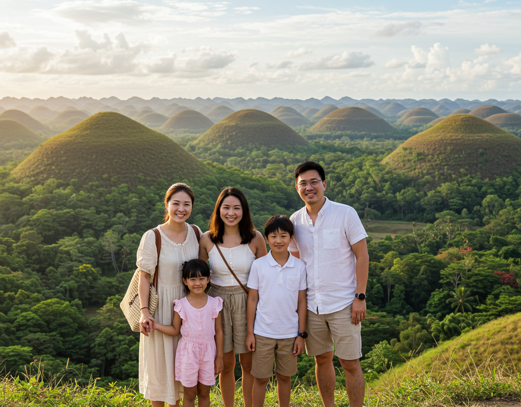 세부 보홀 초콜릿 힐 배경으로 사진을 찍는 가족 생성이미지