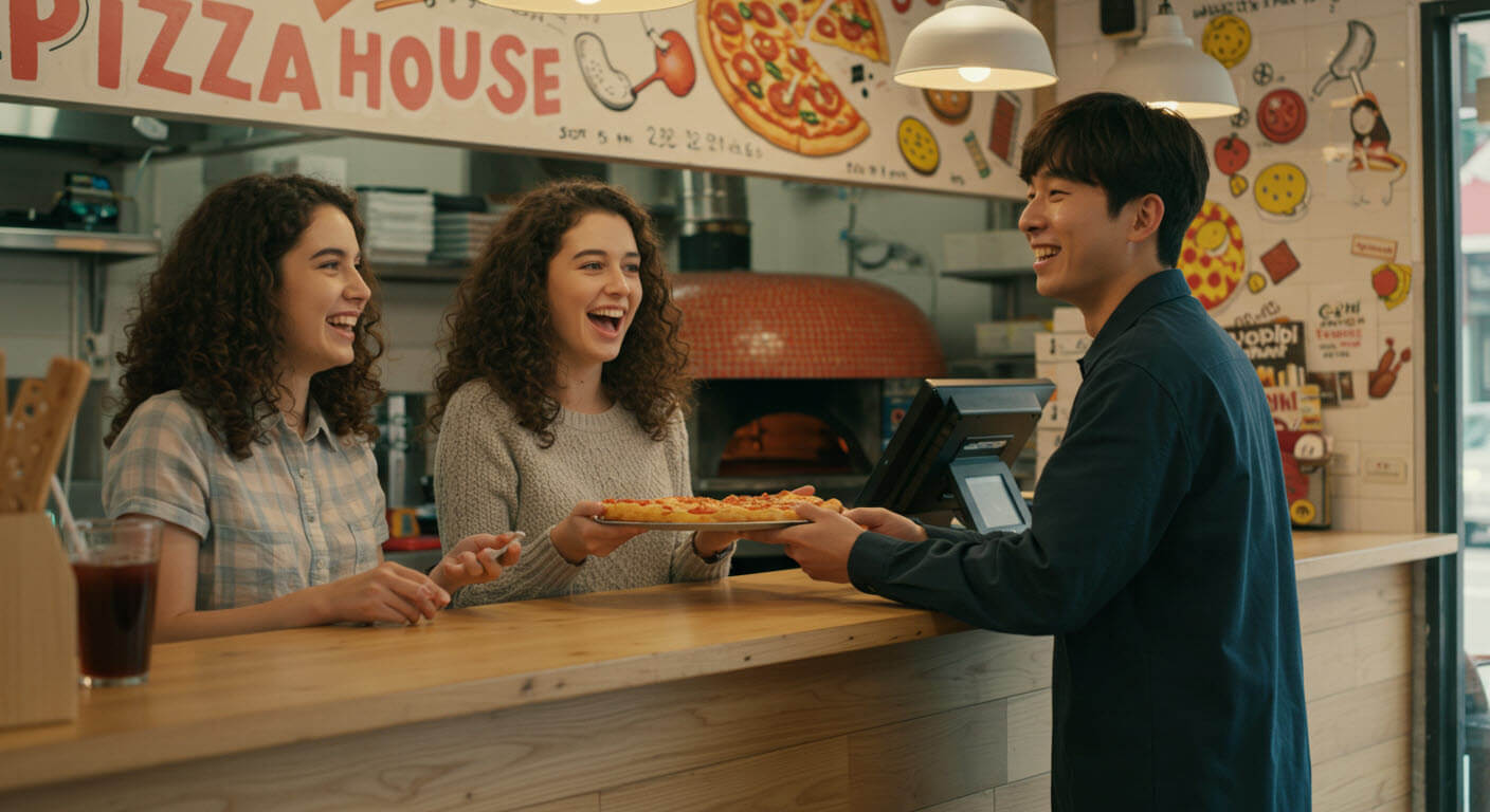 피자집에서 친구들이 피자를 들고 담소를 나누는 모습