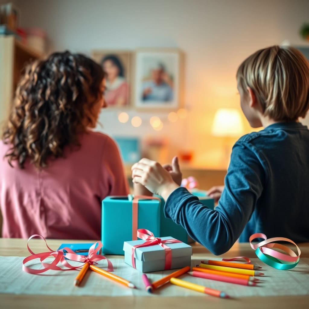 집에서 부모와 아이가 함께 앉아 작은 선물을 예쁘게 포장하거나 감사 카드를 쓰는 뒷모습이나 손을 클로즈업한 모습입니다. 테이블 위에는 포장지, 리본, 색연필 등이 자연스럽게 놓여 있습니다. 따뜻하고 편안한 분위기의 홈 스냅 사진 스타일입니다.