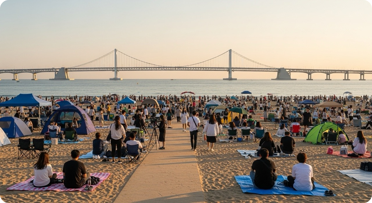 광안리 해변에서 불꽃축제를 기다리며 돗자리를 펴고 자리를 잡는 사람들. 광안대교가 멀리 보이는 활기찬 저녁 풍경.