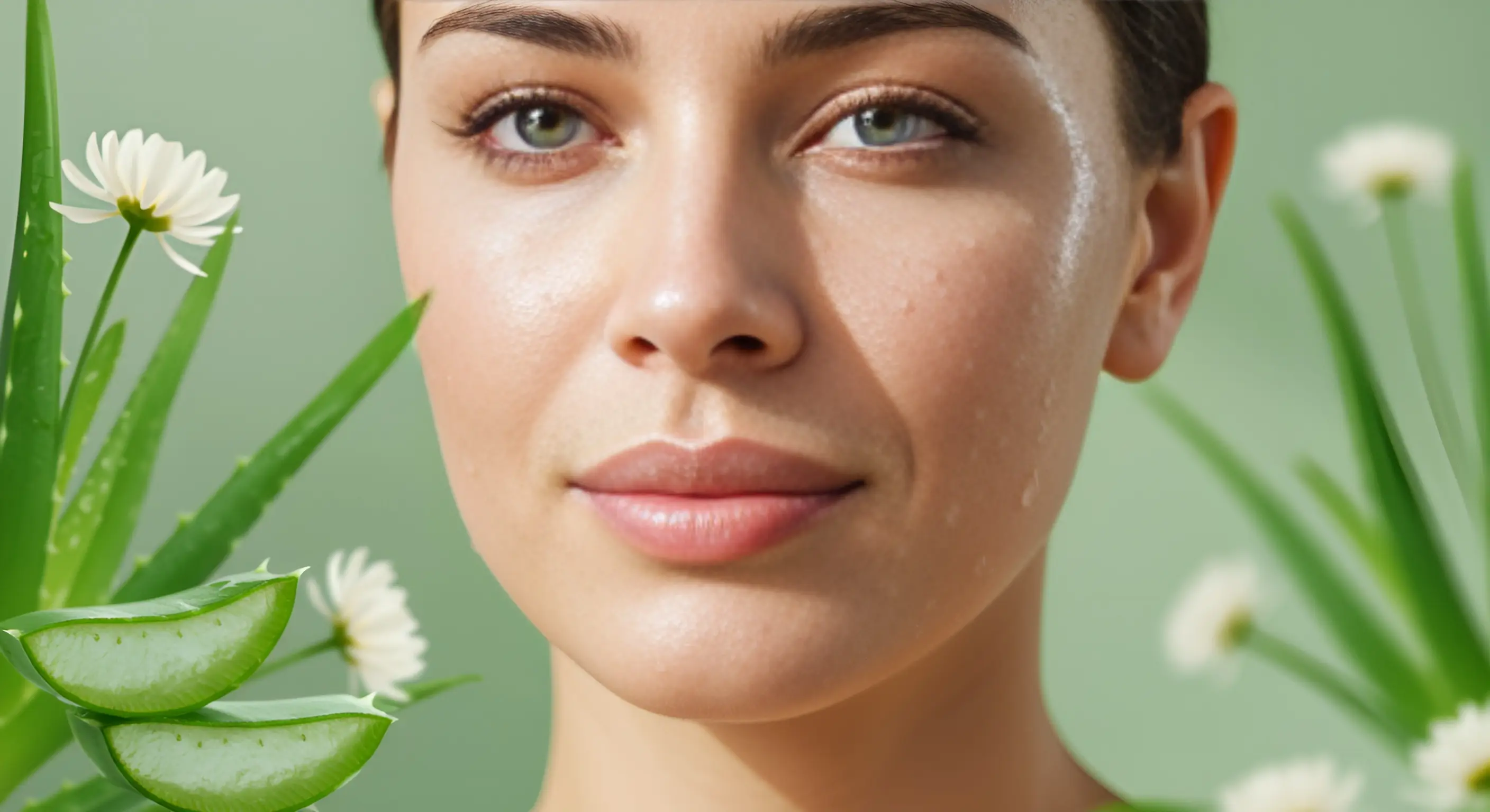 붉고 예민했던 피부와 진정되어 촉촉하게 빛나는 피부의 극적인 대비를 보여주는 이미지, 여름철 맞춤형 진정 케어의 효과를 상징