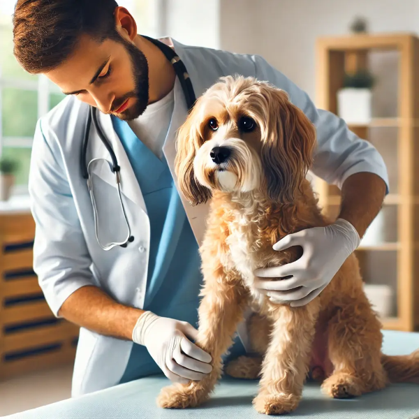 수의사가 강아지의 신경 문제를 확인하기 위해 등을 살펴보는 진료 장면