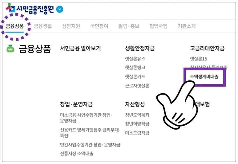 소액생계비대출-메뉴선택