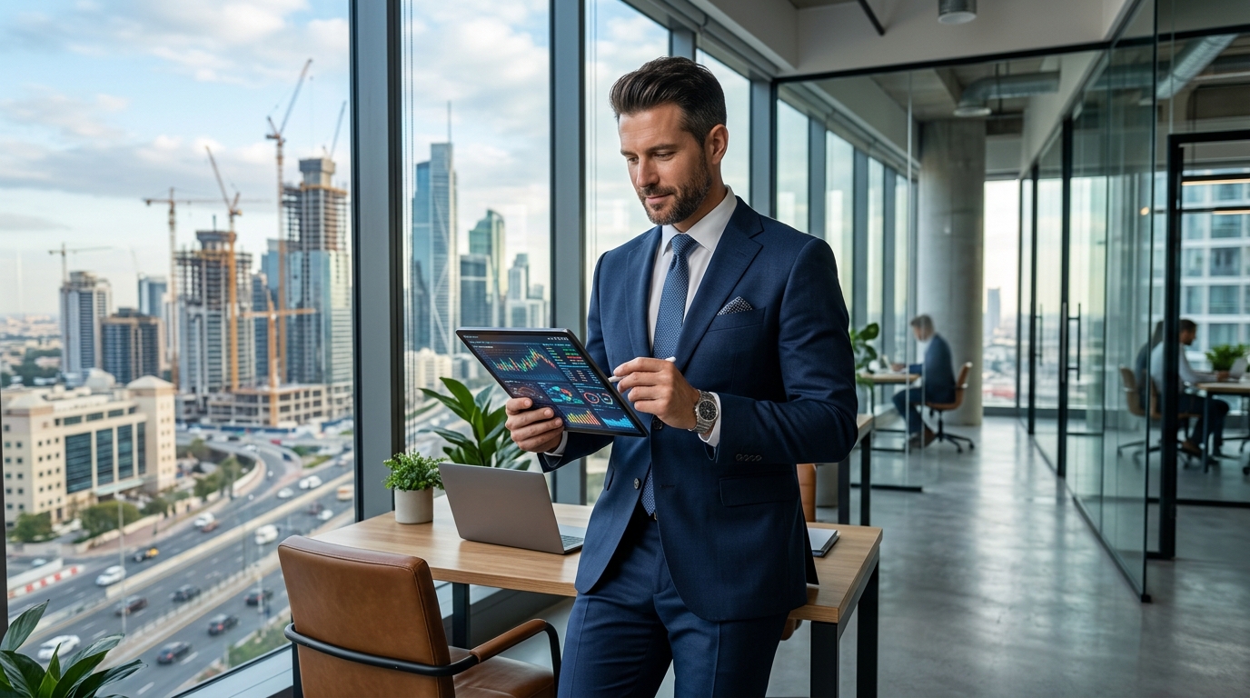 A professional man in a stylish suit standing in a modern office with large windows overlooking a developing city. He is looking at a hightech tablet with financial data. Calm, focused, and successful mood.