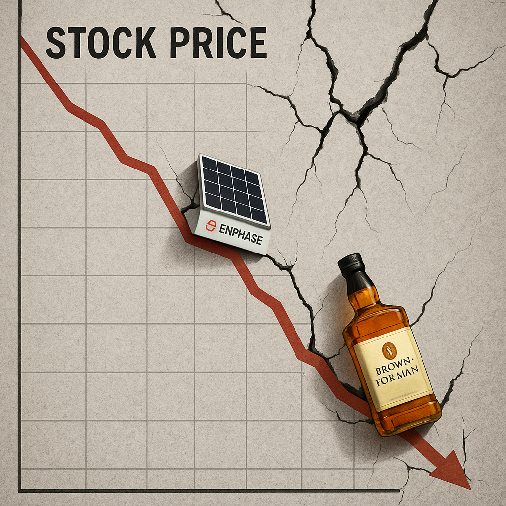 Enphase Energy의 태양광 패널과 Brown-Forman의 위스키 병이 깨진 주가 그래프 위에 놓여있는 이미지