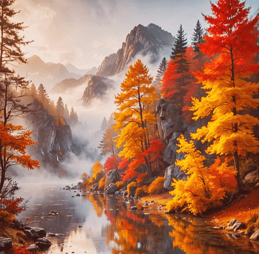 멀리 높은 돌산이 있고, 개울가에는 붉은색과 노란색으로 물든 단풍나무들이 가득하다.