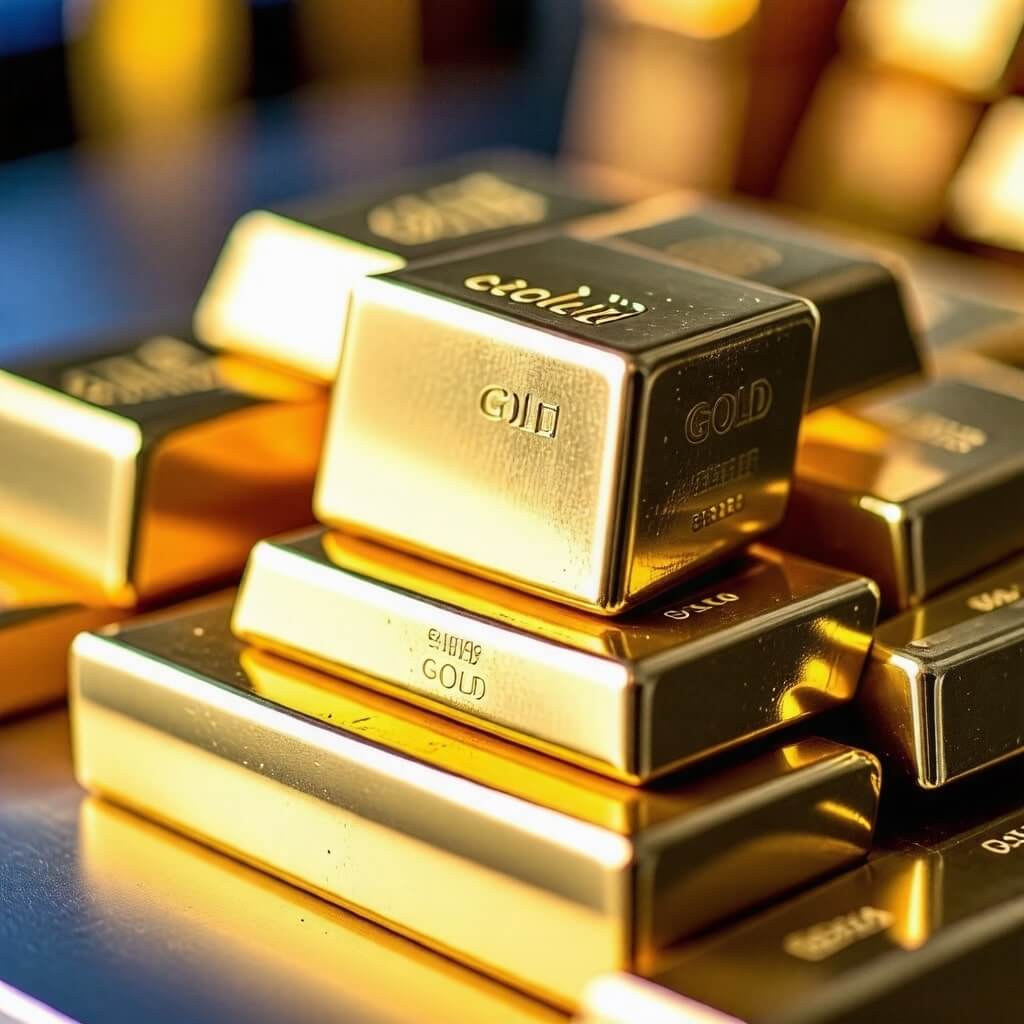 금괴 이미지: 다양한 크기의 금괴가 쌓여 있는 모습, 금 투자에 대한 매력을 강조.