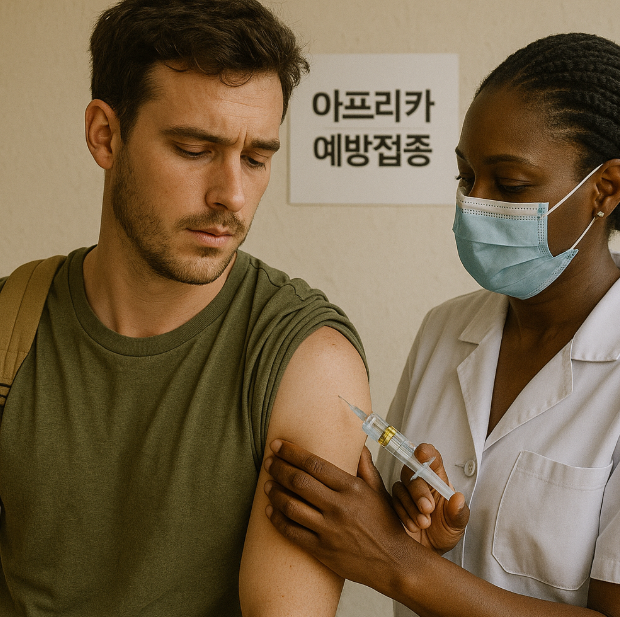 아프리카 여행전 필수로 예방접종 맞는 사진